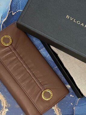 Authentic BVLGARI Brown Leather Continental Wallet & Serpenti Mirror Set + COA